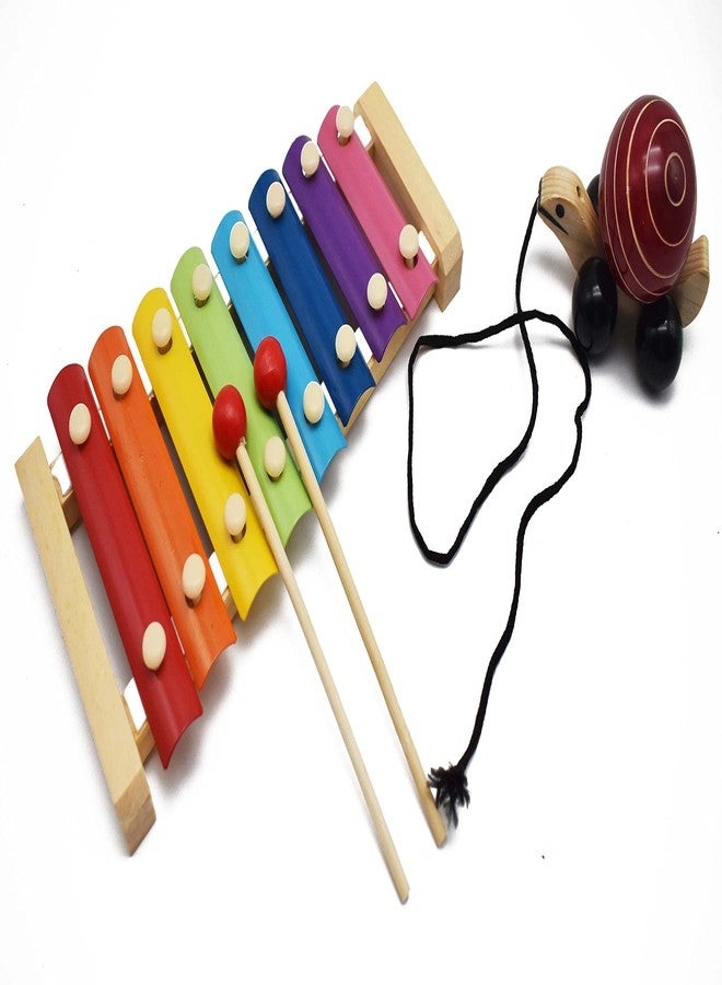 JustHandmade Wooden Xylophone with 8 Notes | Tortoise Pull Along Toy for Kids - Indoor Game(Combo of 2) - Image 1